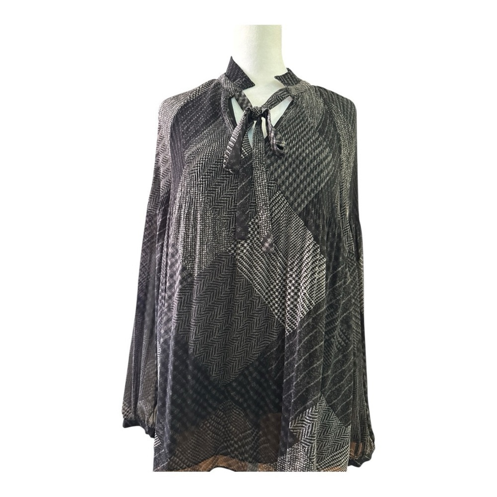 Lauren Ralph Lauren Black Print Tie Neck Accordion Blouse Medium